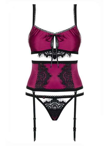 Breathtaking bra set made of silky shimmering material in fuchsia with elegant black eyelash lace