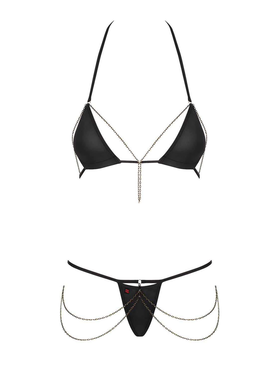 Beautiful lingerie set consisting of an adjustable halterneck bra, a thong and removable decorative chains