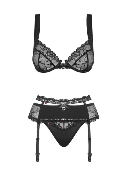 Heartina underwire bra set made of floral lace with garter belt and thong included