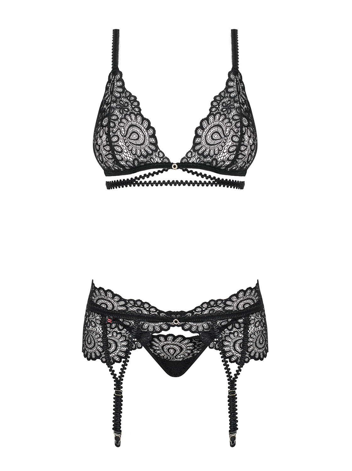 Mixty three-piece lingerie set consisting of a lace bra, garter belt and a matching thong