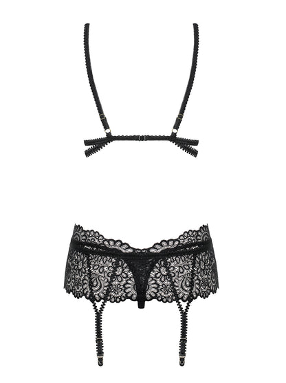 Mixty three-piece lingerie set consisting of a lace bra, garter belt and a matching thong