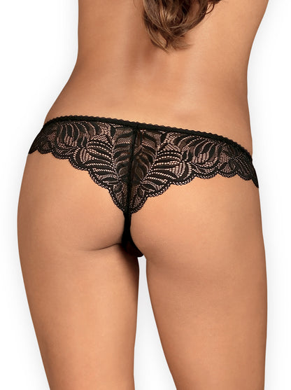 Black ouvert thong made of feminine lace with open crotch