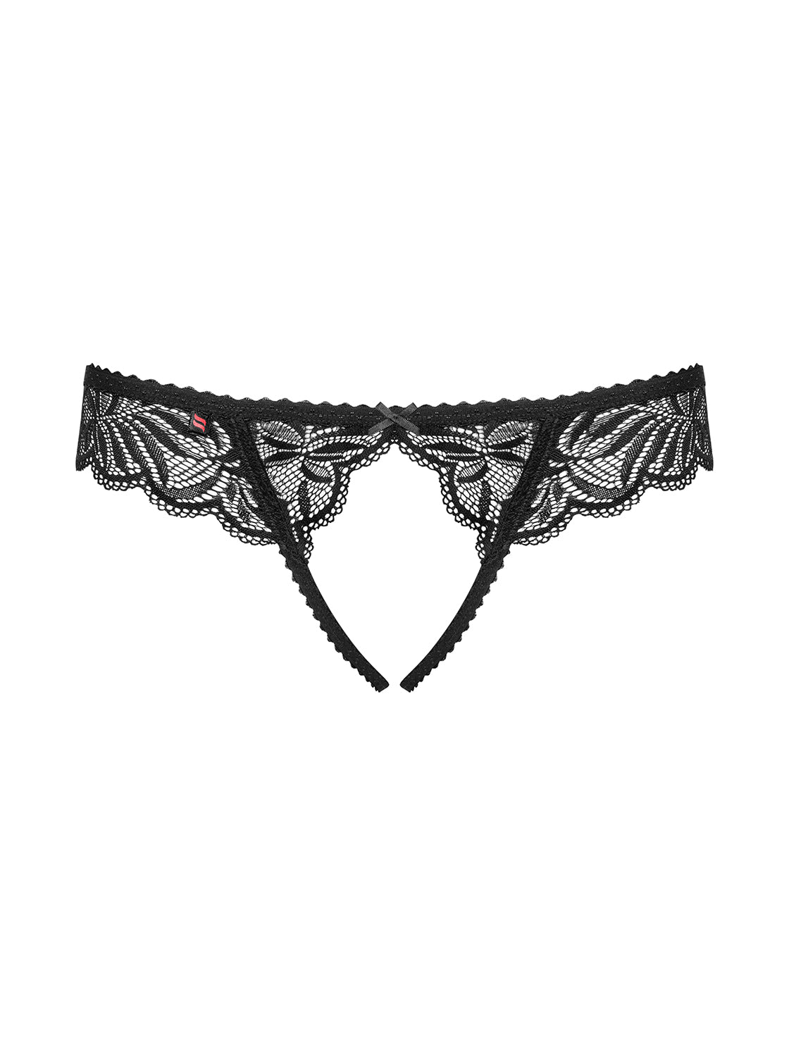 Black ouvert thong made of feminine lace with open crotch