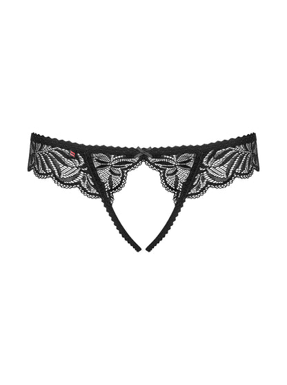 Black ouvert thong made of feminine lace with open crotch