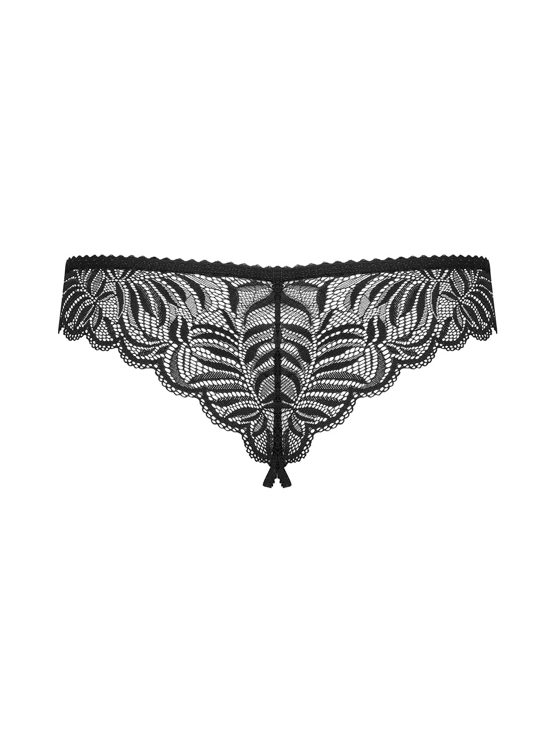 Black ouvert thong made of feminine lace with open crotch