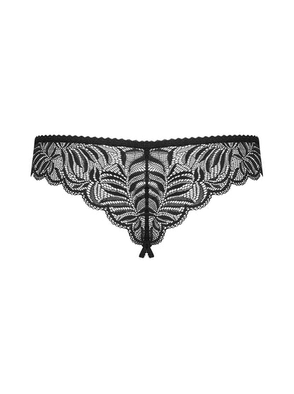 Black ouvert thong made of feminine lace with open crotch