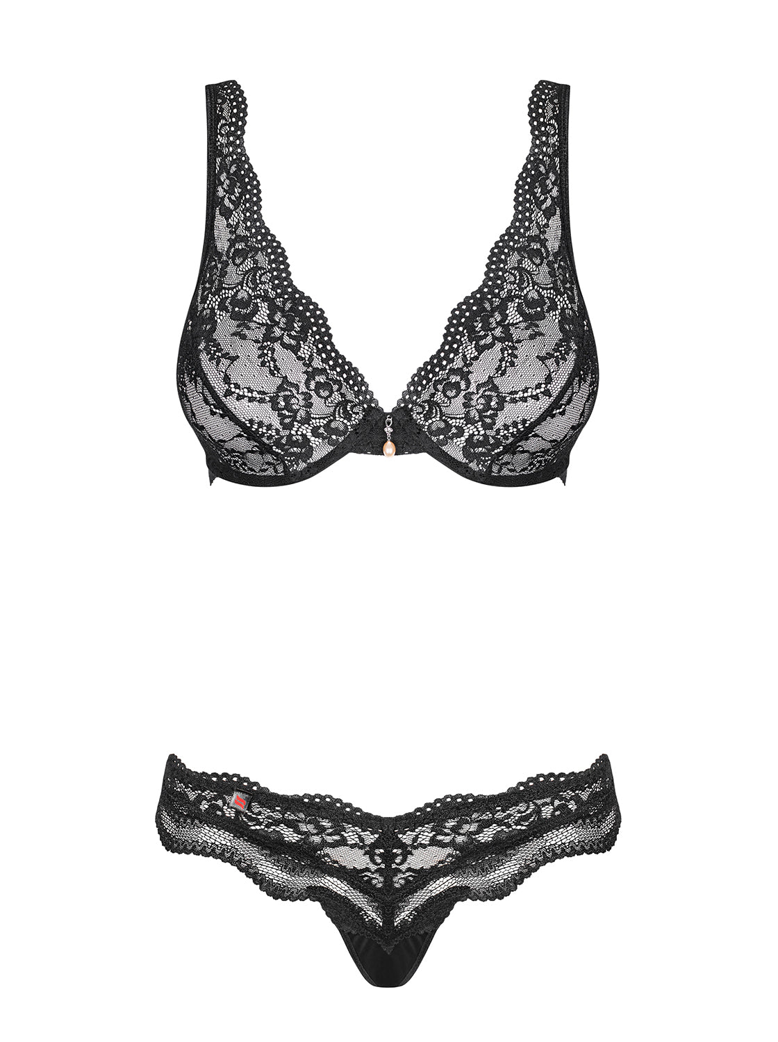 Luvae a sensual lingerie set made of black lace, a bra with underwire cups and matching lace panties