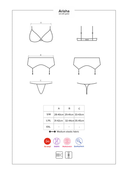 Arisha a feminine set of bra with delicate, adjustable straps, an elegant garter belt and matching lace thong