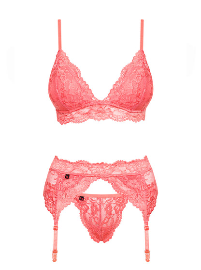 Seductive set with lace decoration consisting of bra, garter belt and thong