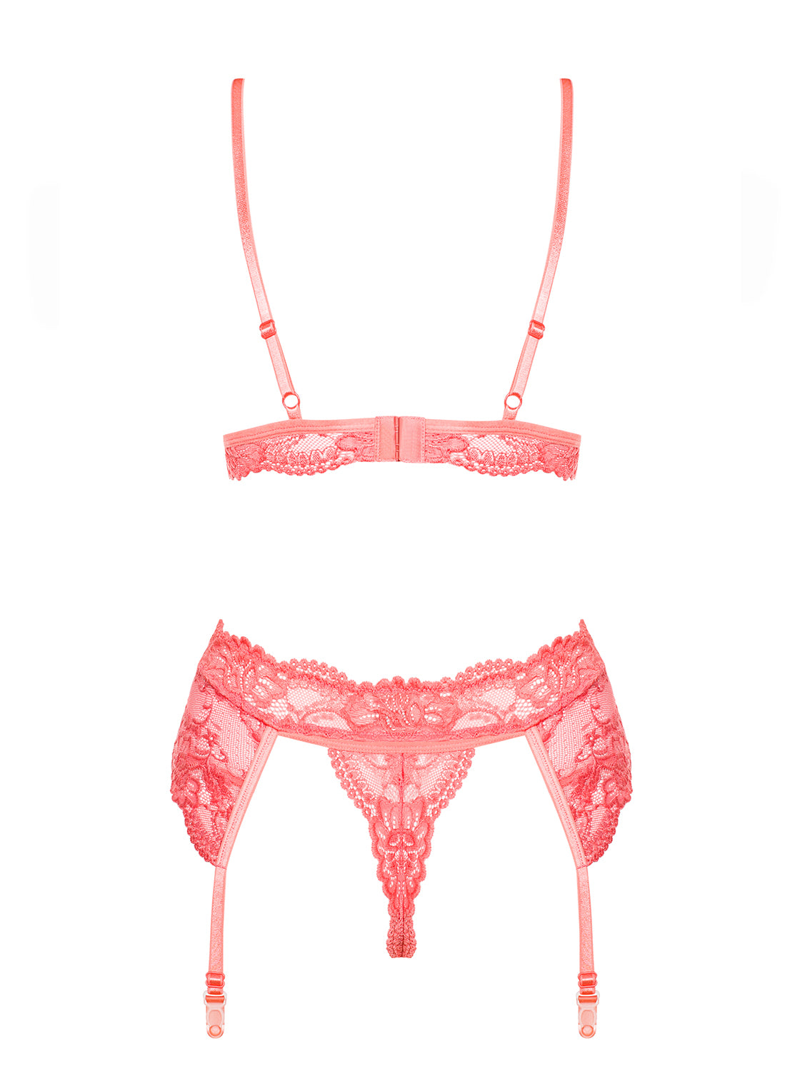 Seductive set with lace decoration consisting of bra, garter belt and thong