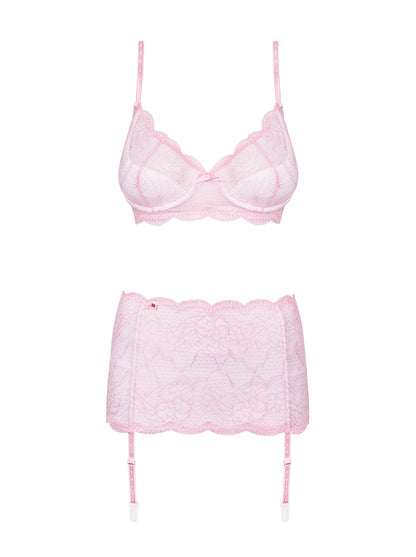 Girlly a feminine set of bra, garter belt and matching thong in white with pink lace