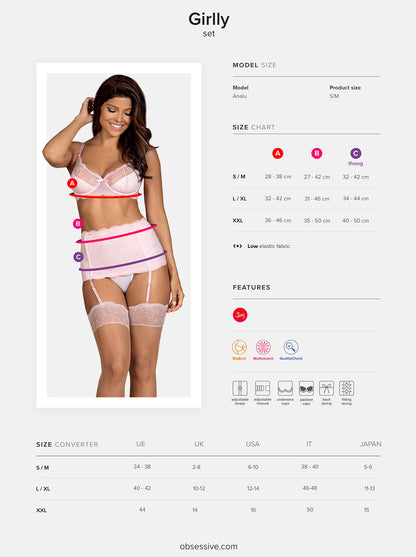 Girlly a feminine set of bra, garter belt and matching thong in white with pink lace