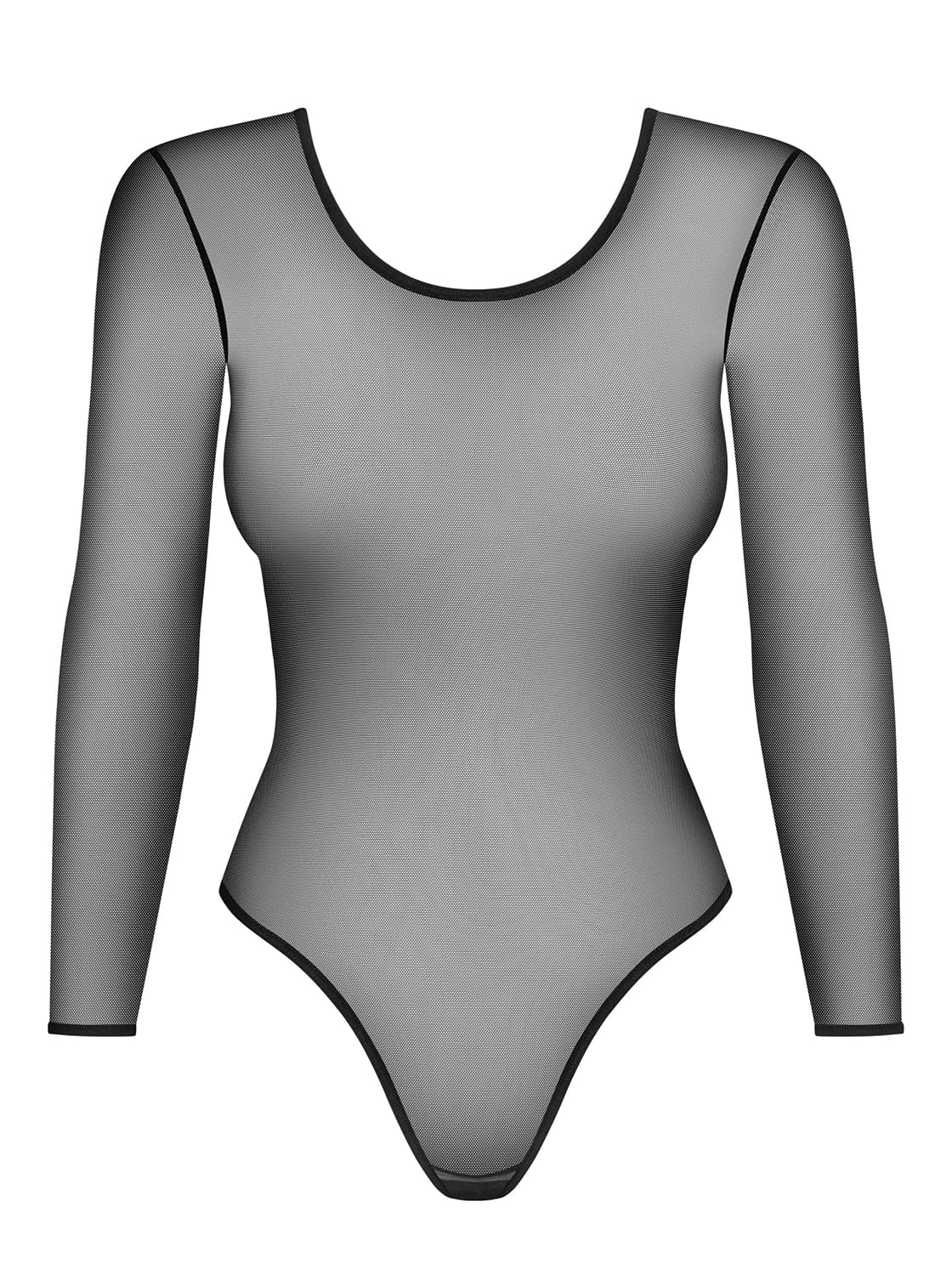 Black bodysuit made of transparent mesh material with long sleeves