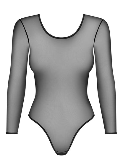 Black bodysuit made of transparent mesh material with long sleeves