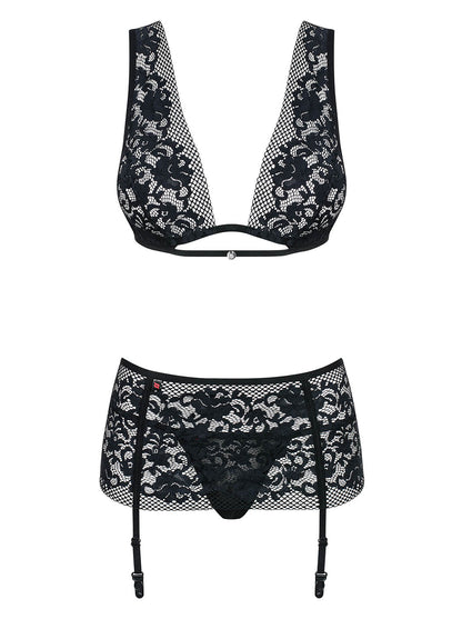 Figurea a feminine lace set in black consisting of underwire bra, garter belt and a matching thong
