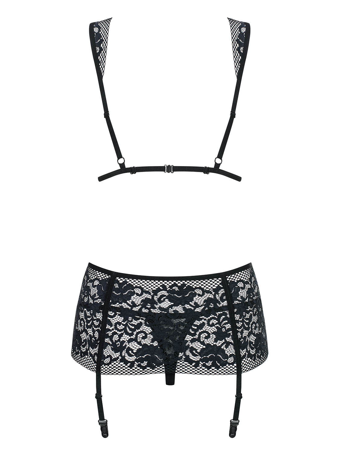 Figurea a feminine lace set in black consisting of underwire bra, garter belt and a matching thong