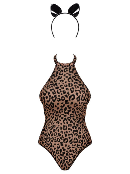 Sexy bodysuit with wild leopard print and shiny ears