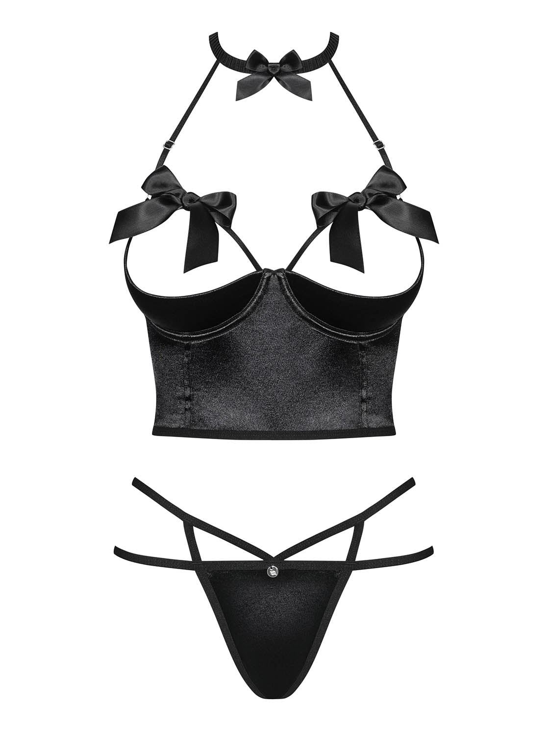Delishya a striking black lingerie set made of shiny satin material and elastic straps