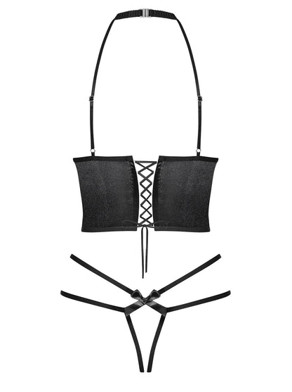 Delishya a striking black lingerie set made of shiny satin material and elastic straps