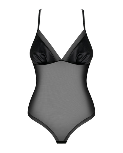 Eleganter schwarzer Teddy aus transparentem Mesh mit gerafften, weichen Cups aus Satin