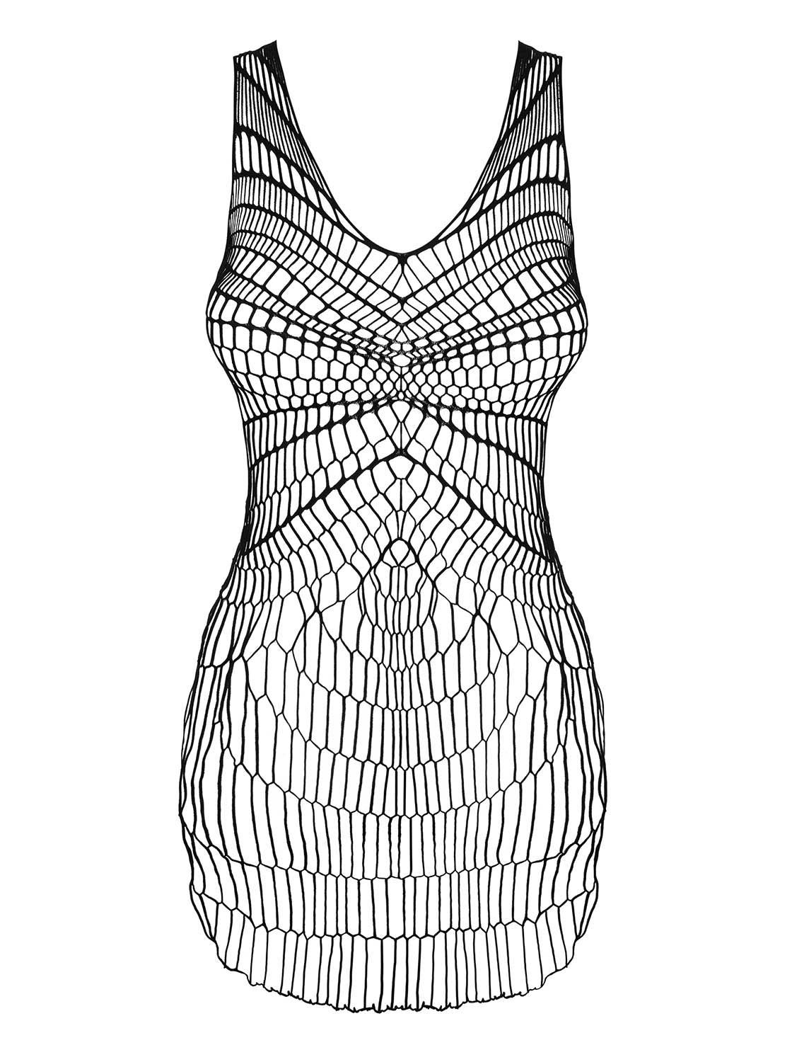 Knitted black mesh dress made of coarse-meshed and stretch material with geometric pattern
