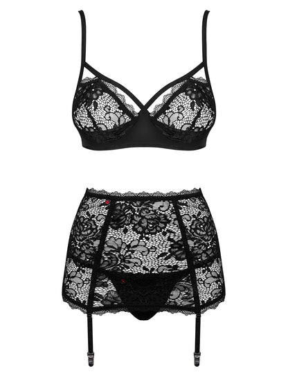 Peonesia a floral lace set consisting of bra, garter belt and thong