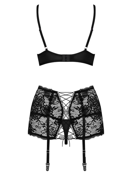Peonesia a floral lace set consisting of bra, garter belt and thong