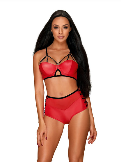 Leatheria, hot lingerie set in a combination of red wetlook material and transparent mesh with black details