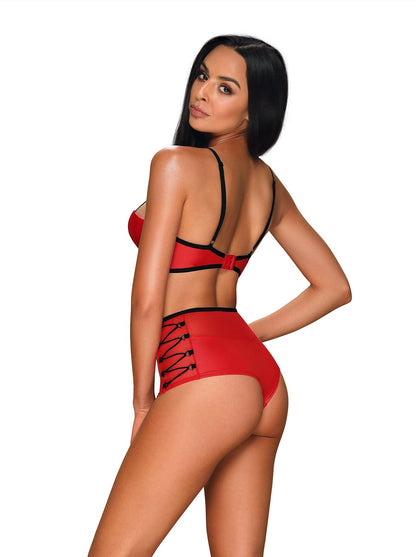 Leatheria, hot lingerie set in a combination of red wetlook material and transparent mesh with black details