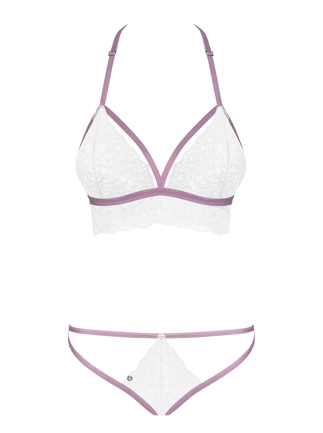 Lilyanne, feminine lingerie set made of transparent and floral lace in white with lilac, soft velvet straps