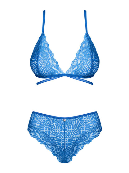 Bluellia blue set of bra with multi-level closure and high-cut panties with a shiny jewel detail on the front