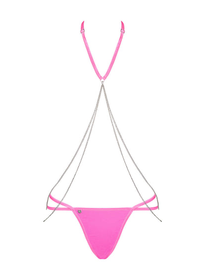 Chainty Set String with double straps in neon pink, which is connected with removable chains to an elastic, adjustable halter neck