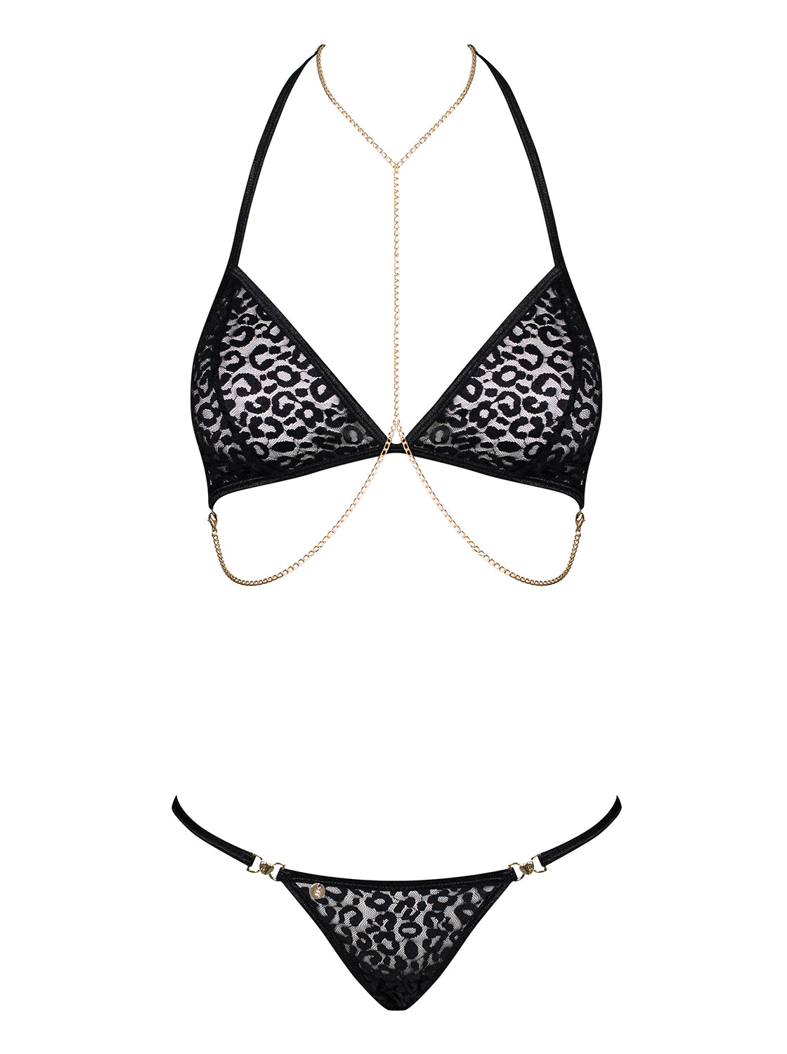 Pantheria Hot black leopard print mesh set with beautiful chain details
