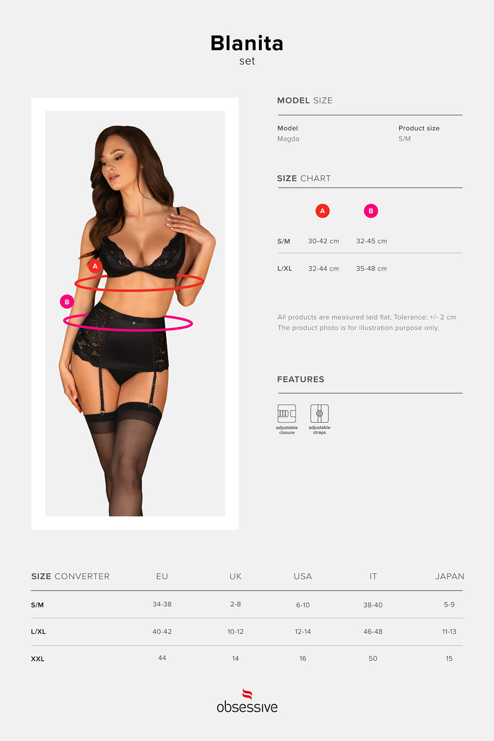 Blanita a stylish black lingerie set consisting of a bra, garter belt and thong made of ultra-soft and elastic satin material with beautiful lace