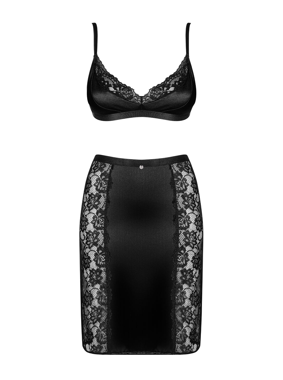 Blanita a fantastic black bra and skirt set made of shiny satin material with beautiful lace