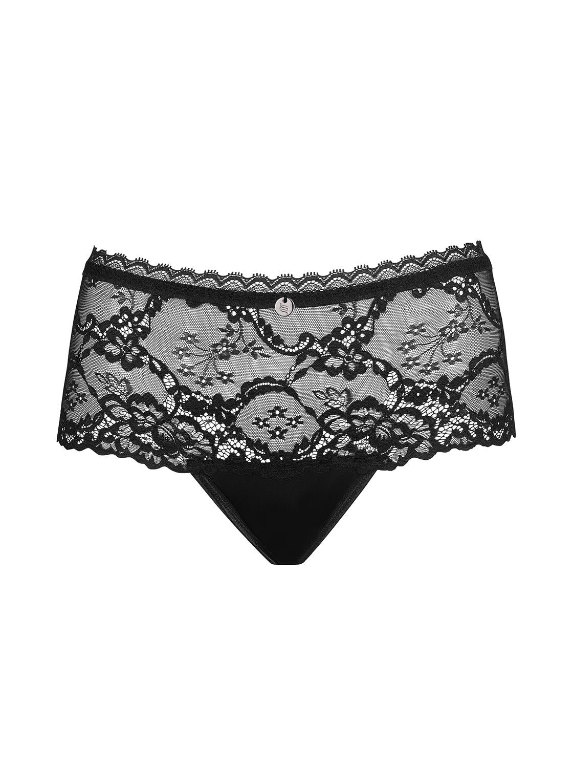 Raquelia Feminine black shorties made of translucent and elastic lace with floral pattern