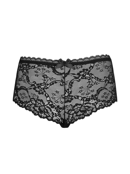 Raquelia Feminine black shorties made of translucent and elastic lace with floral pattern