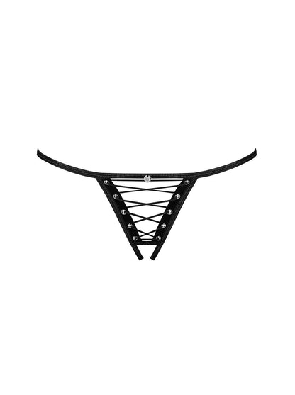 Remediosa a sensual black thong with delicate straps and metal eyelets, open crotch