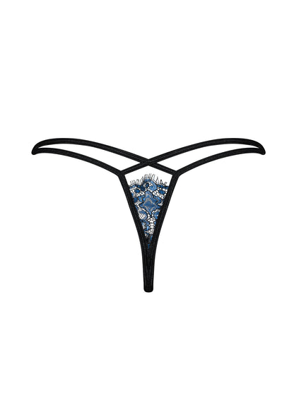 Yassmyne  ein zarter String mit floraler Spitze in blau und einer geometrischen Kombination aus schwarzen Riemchen