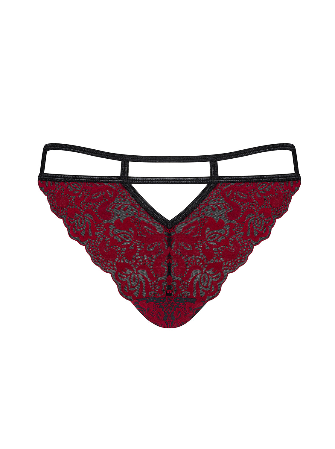 Sugestina an elegant panty in black with red velvet pattern and an extraordinary strap design