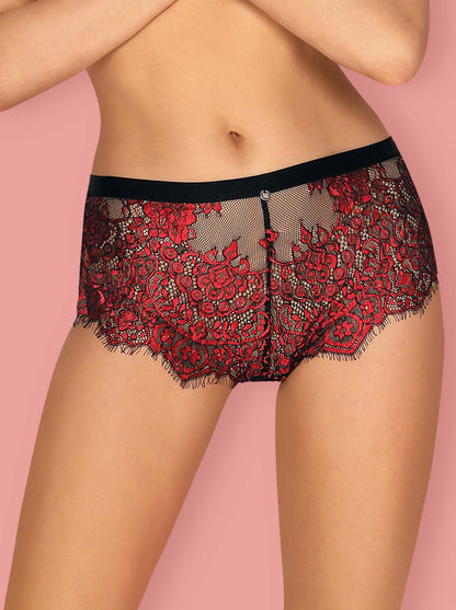 Redessia a unique shorties made of translucent and elastic mesh material in black with red floral lace