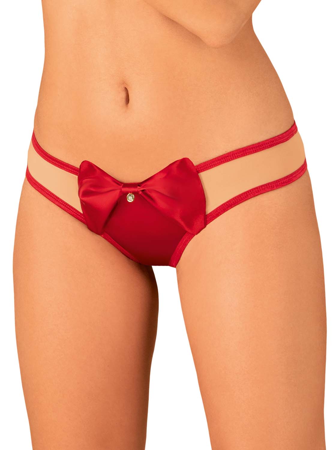 Rubinesa a playful thong in a combination of skin-colored and red material, a red satin bow and a shiny jewelry detail on the front