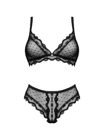 Marrbel a feminine black set made of translucent and elastic material with small dots and fantastic eyelash lace on the edges