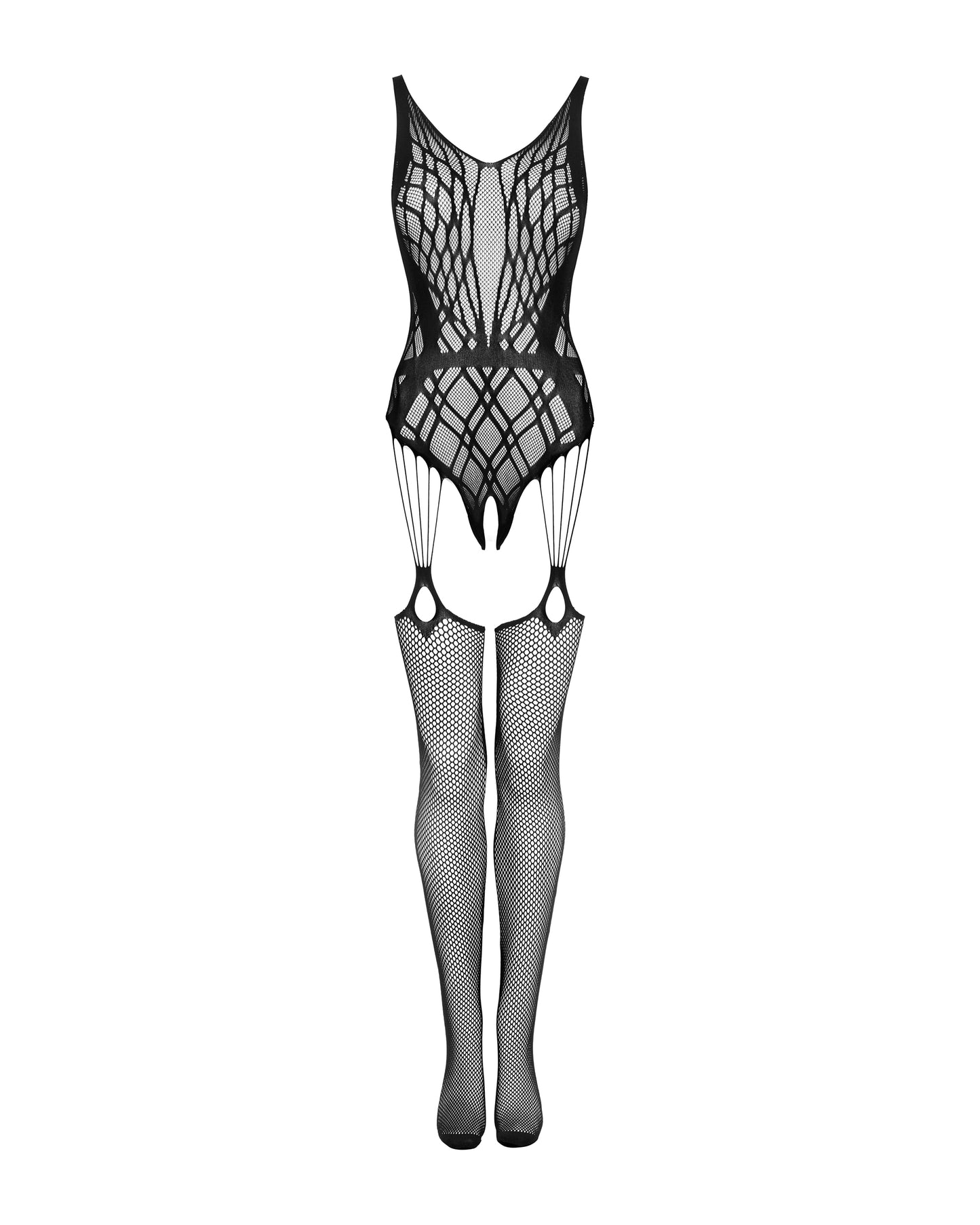 Extravaganter schwarzer Bodystocking aus transparentem Strickmaterial