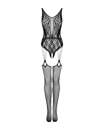 Extravaganter schwarzer Bodystocking aus transparentem Strickmaterial