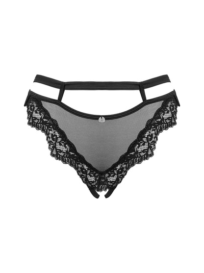 Setilla a cute black panty made of translucent material and elegant lace with open crotch