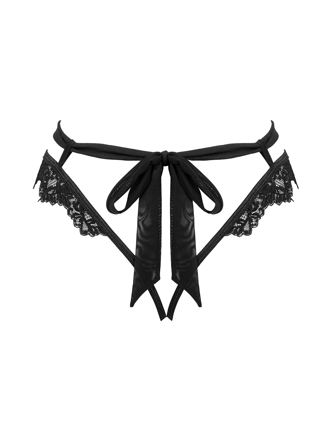 Setilla a cute black panty made of translucent material and elegant lace with open crotch