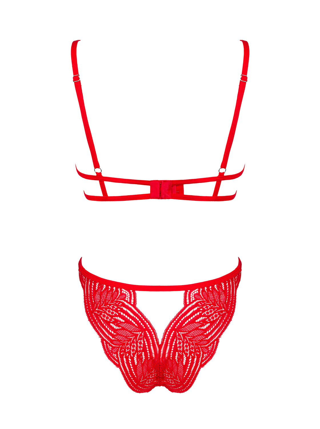 Mellania a red set of bra with sexy cutouts on the underwire cups and panties with an open crotch and a flirtatious cutout above the bottom