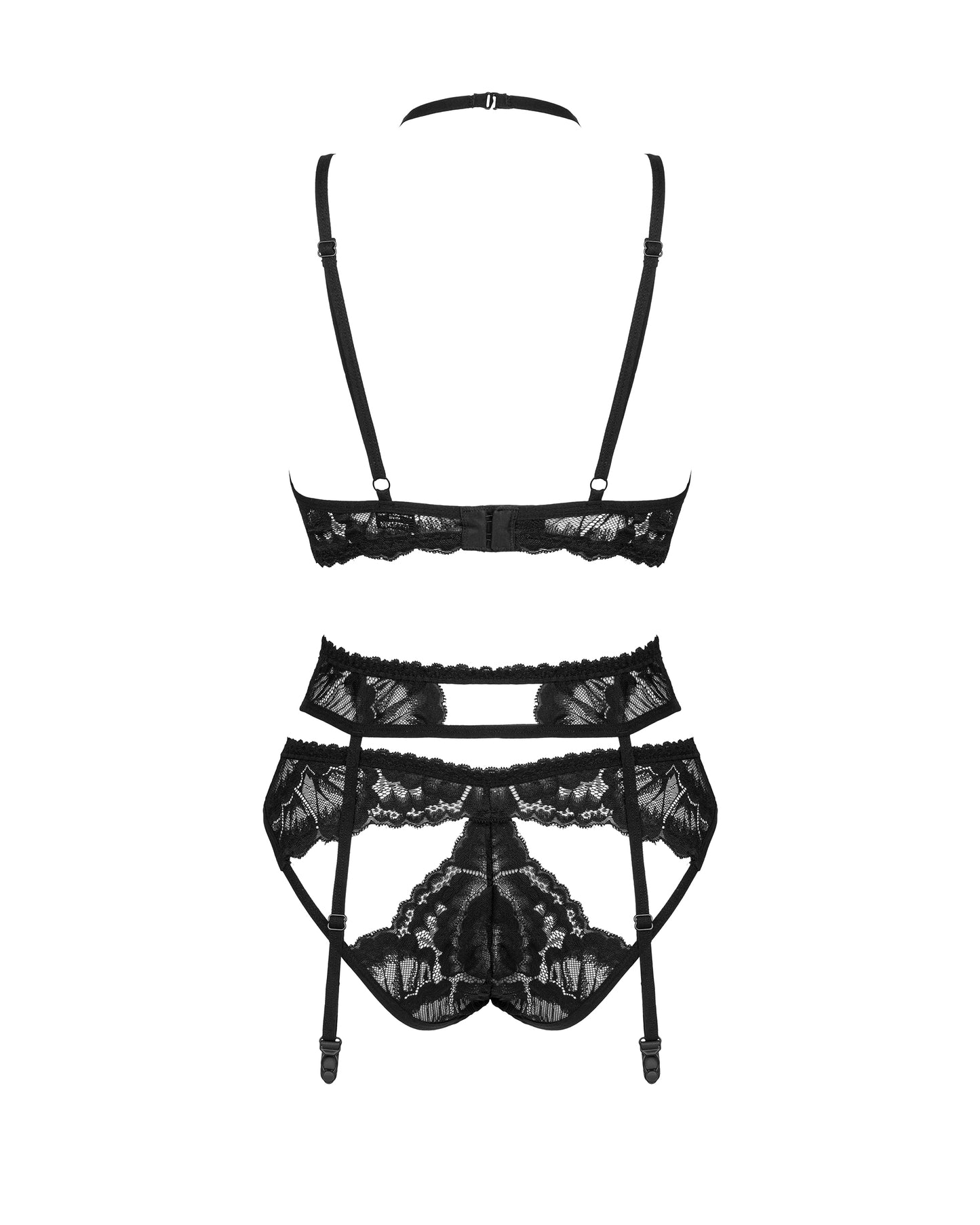 Alessya a black set of bra with underwire cups, garter belt and lace panties