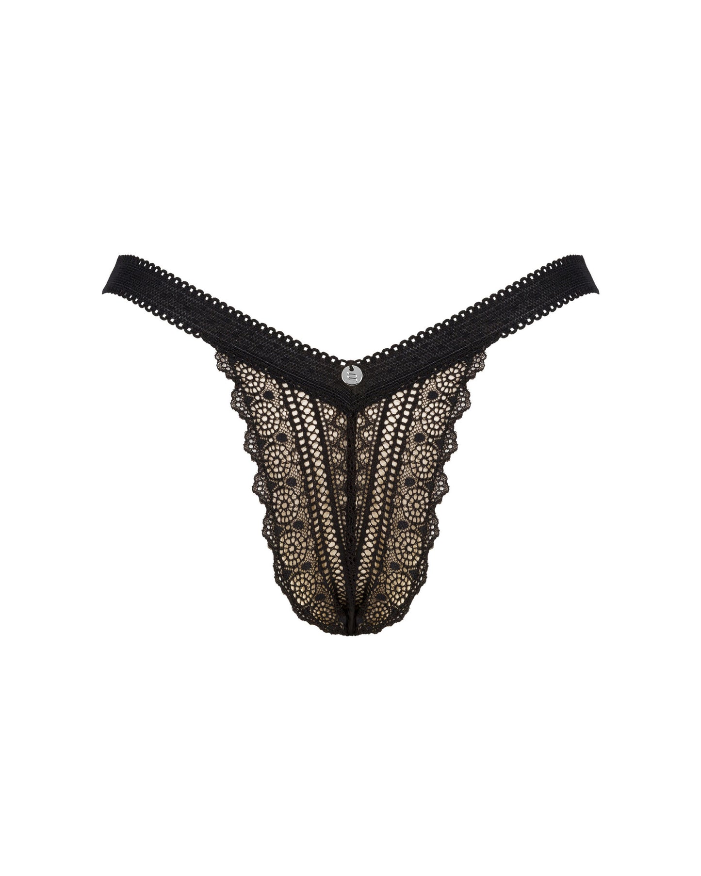 Estiqua a seductive panty made of elastic and soft material with elegant lace details and a silver-colored pendant on the front